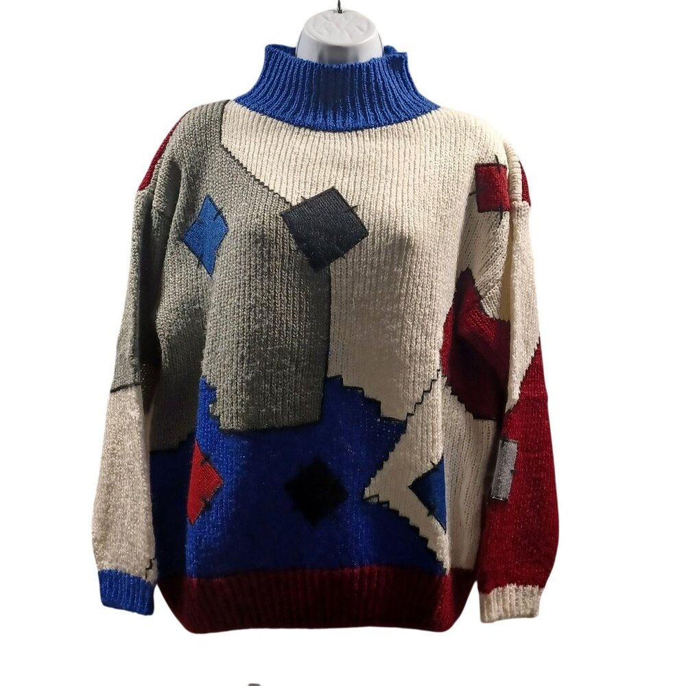 Eddie Dassin VTG Patchwork Chunky Ribbed Knit Sweater Preppy Retro Womens Sz L